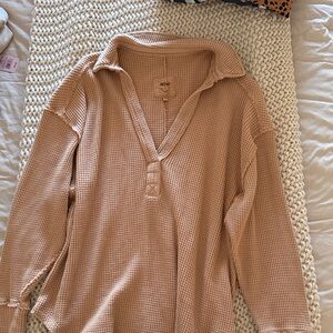 Aerie Tan Waffle Knit V-Neck Top